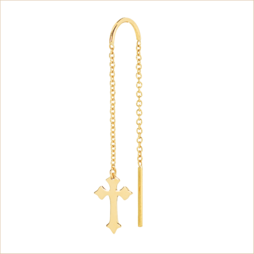 boucle d'oreille chaine croix illusion double chaine fine or jaune 18 carats recyclé aupiho joaillerie