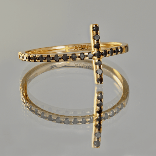 bague croix or rose et diamants noirs or recyclé 18 carats aupiho joaillerie