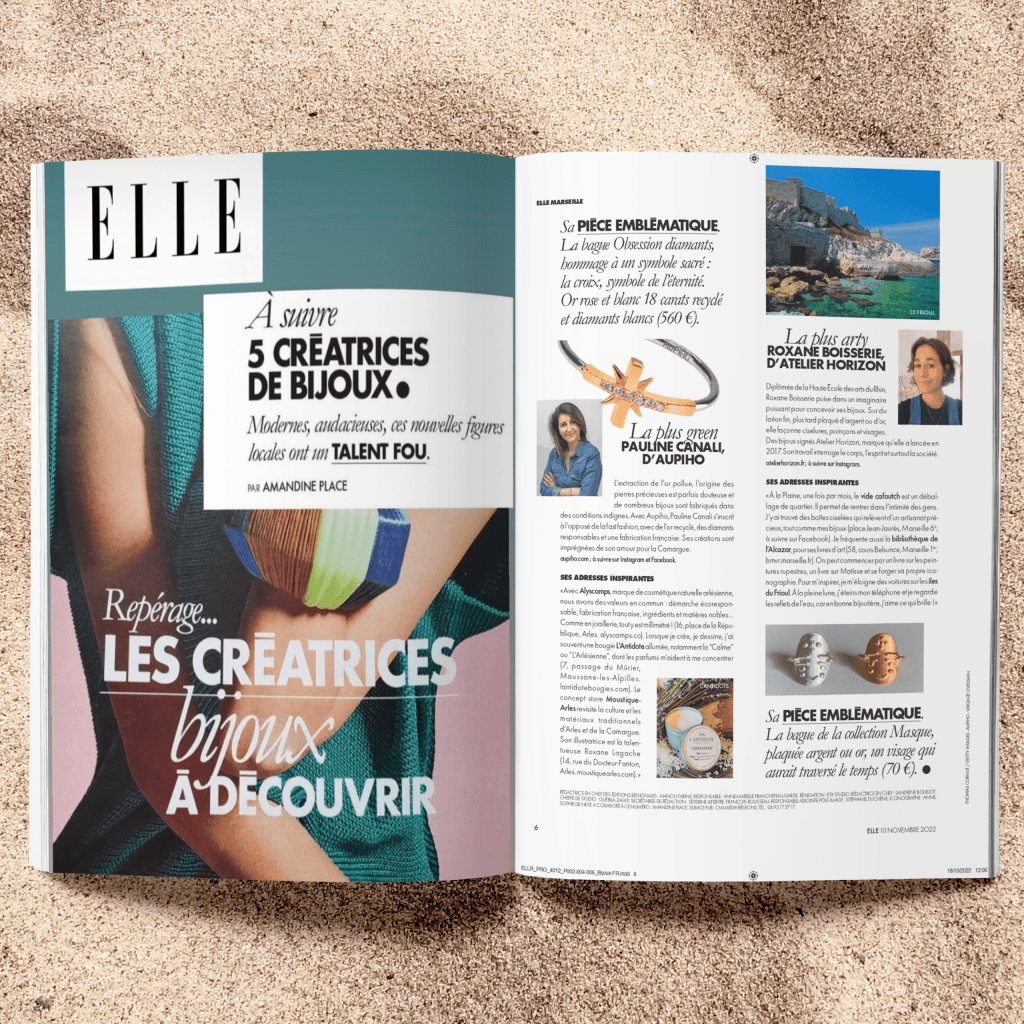 magazine ELLE juillet 2022 parution aupiho joaillerie bijoux or recyclé